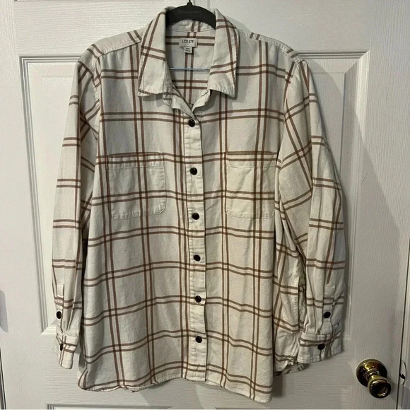 J. Crew Jackets & Blazers - J Crew Shacket Cream and Brown Plaid Flannel with Pockets! Womens Size 2XL EUC